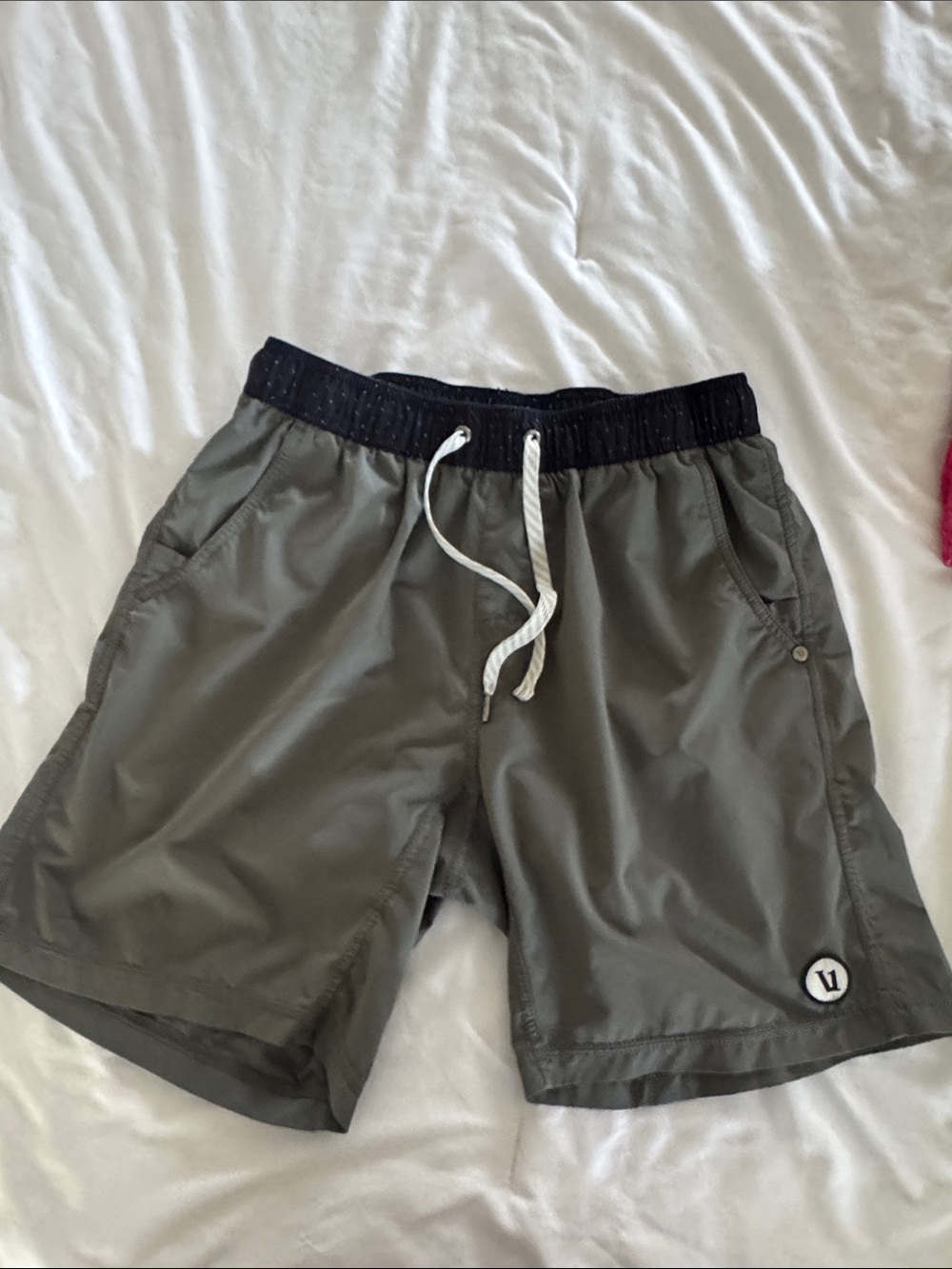 Vuori Mens Kore Shorts in Olive/gray with Black Waistband